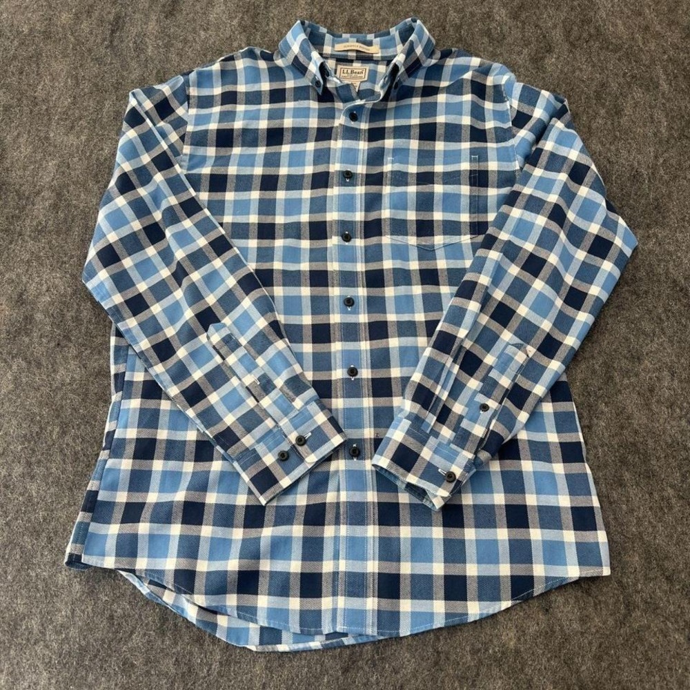 LL Bean mens medium regular blue plaid button down flannel shirt